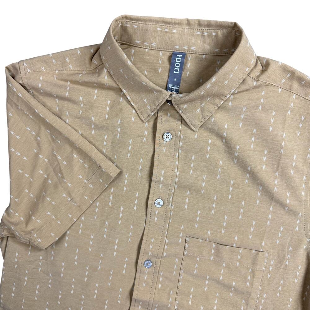 Vuori Men’s Small Short Sleeve Button Up Shirt Tan Brown Geometric Stretch